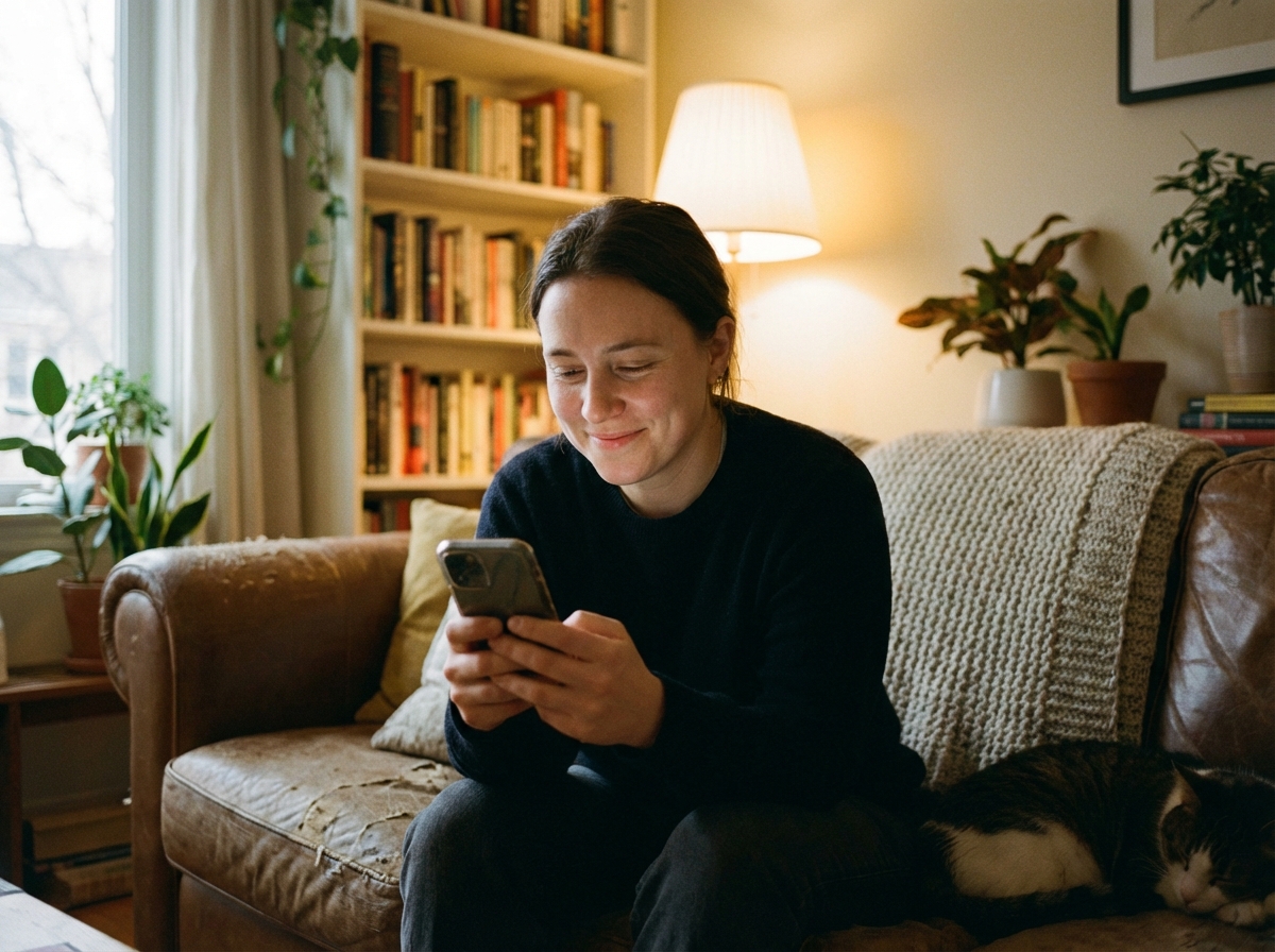 A person looking at a smartphone screen with a calm and relieved expression, soft domestic lighting, cozy living room background, realistic photography, no text, 4:3 aspect ratio.
