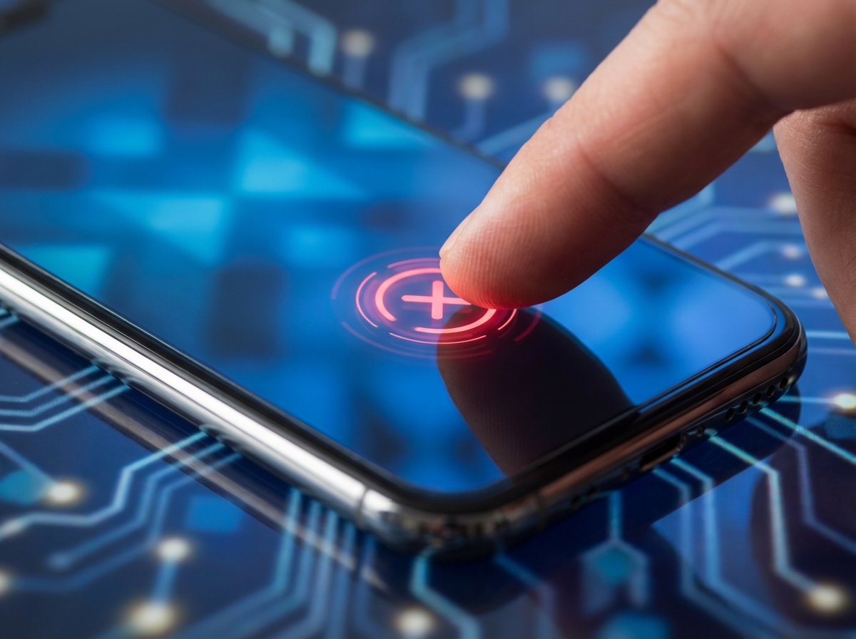 Close up of a finger touching a red deactivate button on a sleek modern smartphone interface, high tech style background with soft blue tones, no text, 4:3 aspect ratio.