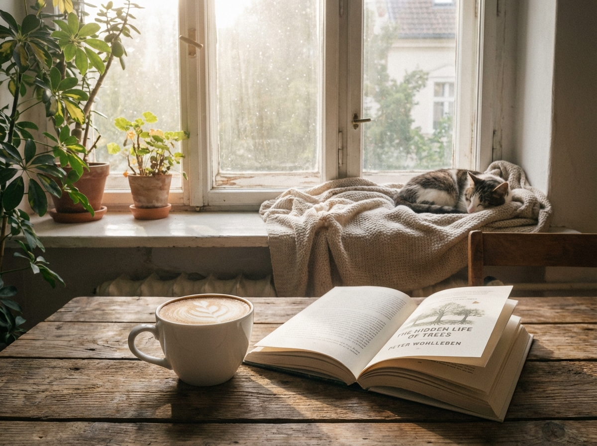 A peaceful morning scene with a white cup of coffee and an open book on a wooden table, soft morning sunlight coming through a window, no electronic devices visible, 4:3 aspect ratio.
