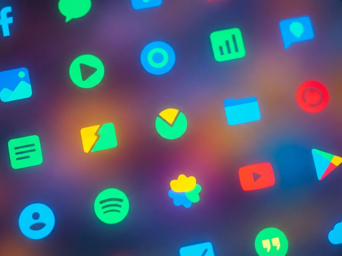 A collection of modern and colorful app icons displayed on a blurred gradient background, minimalist and clean design, high contrast, no text, 4:3 aspect ratio.
