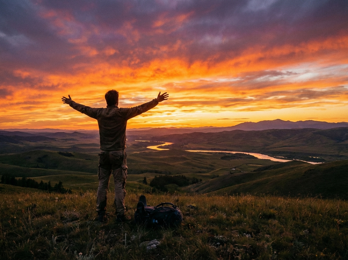 A person standing on a grassy hill looking at a vast and beautiful sunset, feeling of freedom and liberation, realistic landscape photography, no text, 4:3 aspect ratio.
