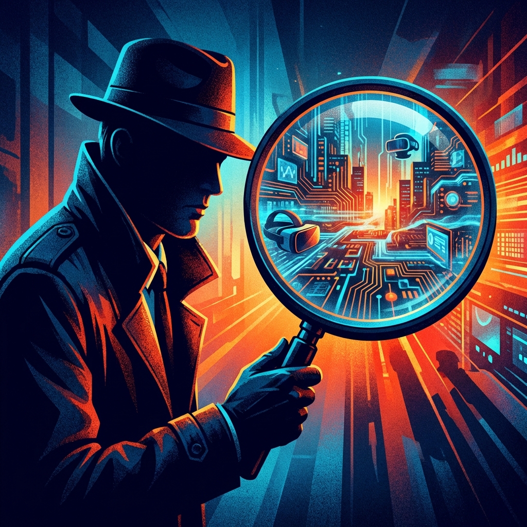 A conceptual illustration of a modern technology critic looking at a digital landscape through a magnifying glass, dramatic lighting, dark blue and orange color palette, professional tech blog style, 1:1 aspect ratio, no text.