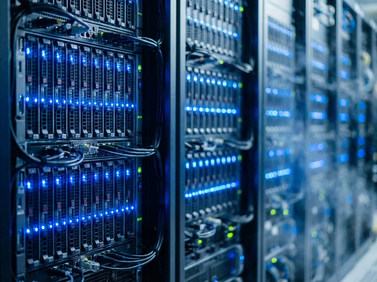 A realistic close-up shot of server racks in a data center with blue LED lights, representing high-compute activity, cinematic depth of field, 4:3 aspect ratio, no text.
