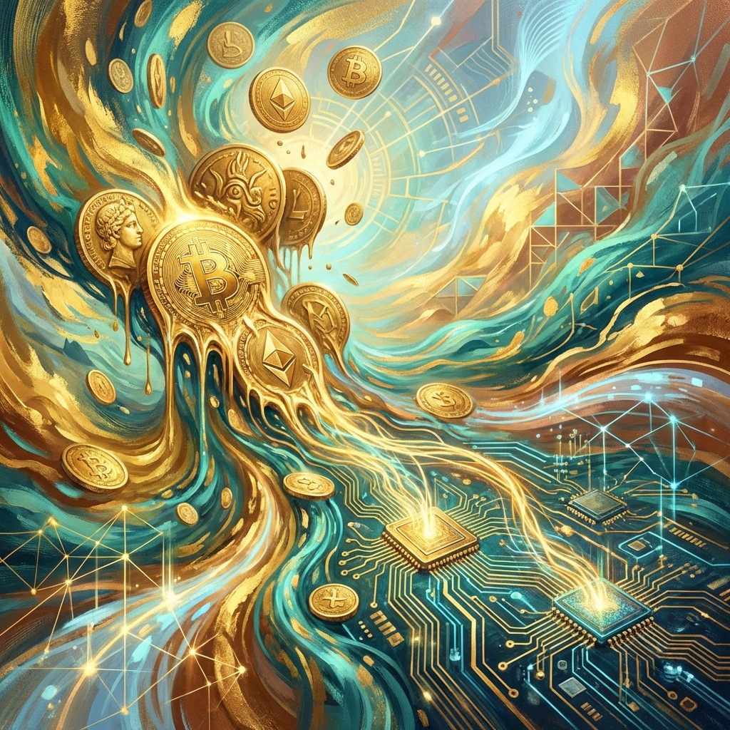 An artistic rendering of golden coins merging into digital circuits, representing the massive capital investment in technology, vibrant gold and teal background, 1:1 aspect ratio, no text.