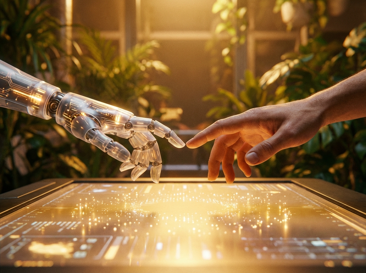 A conceptual image showing a translucent robotic hand and a human hand almost touching over a glowing digital surface, warm lighting, futuristic yet human-centric, 4:3 aspect ratio, no text.