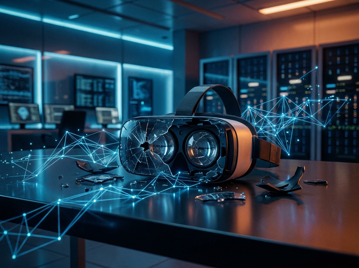 A high-quality 4:3 image showing a broken VR headset on a dark reflective desk with glowing blue AI neural network lines emerging from it. Modern tech atmosphere, no text, cinematic lighting.