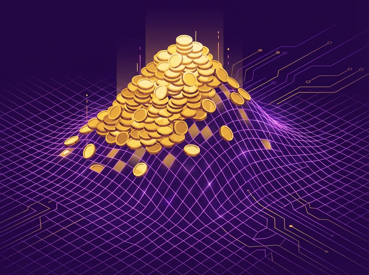 A conceptual 4:3 illustration of a gold mountain of coins sinking into a digital grid landscape. High contrast, clean design, purple and gold tones, no text.