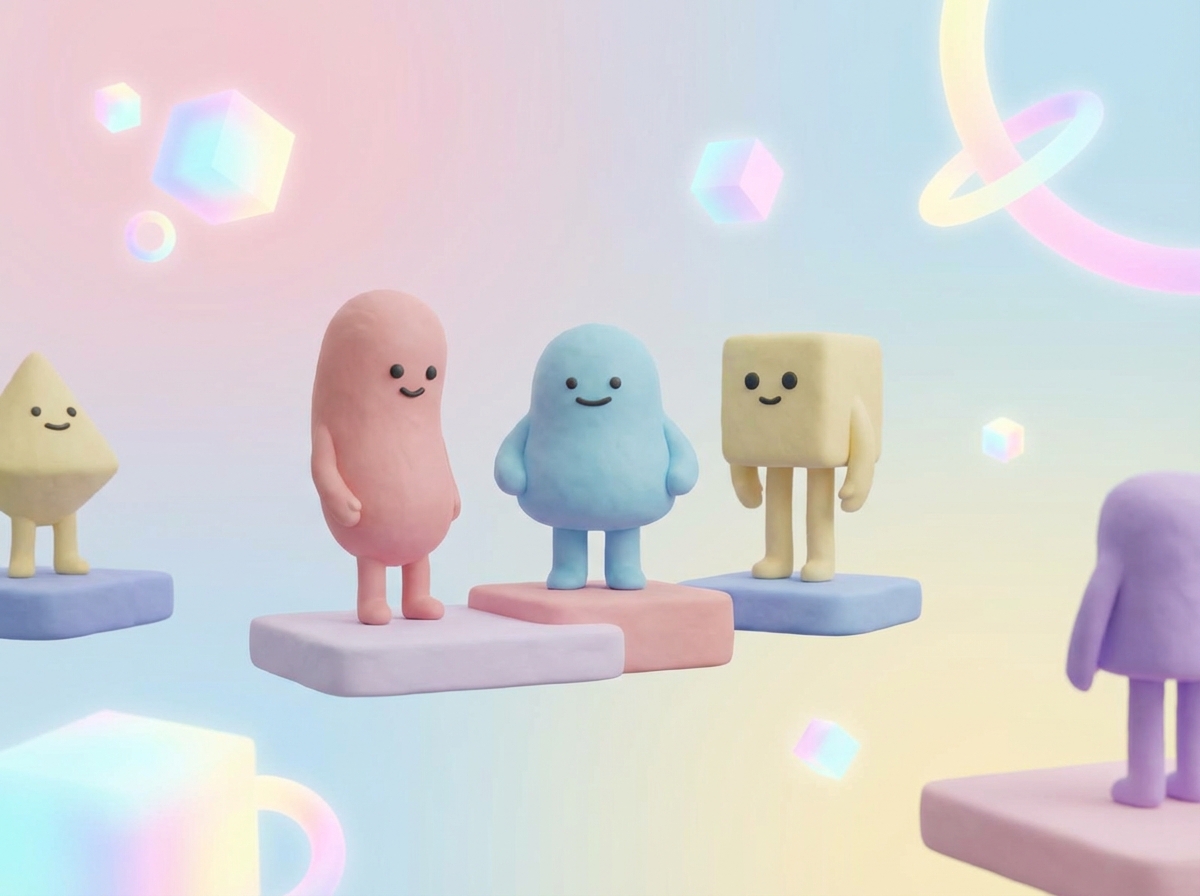 3D rendered 4:3 image of simple cartoonish avatars standing in a void-like digital space. Soft pastel colors, minimalistic environment, no text.