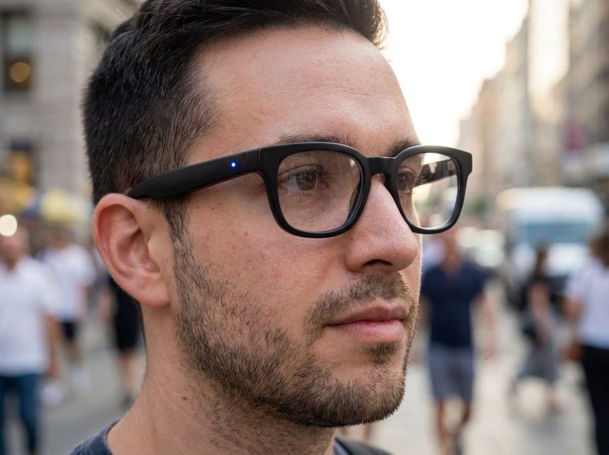 Close-up 4:3 photography of a person wearing stylish black smart glasses with a subtle blue light on the frame. Professional lighting, outdoor city background, no text.