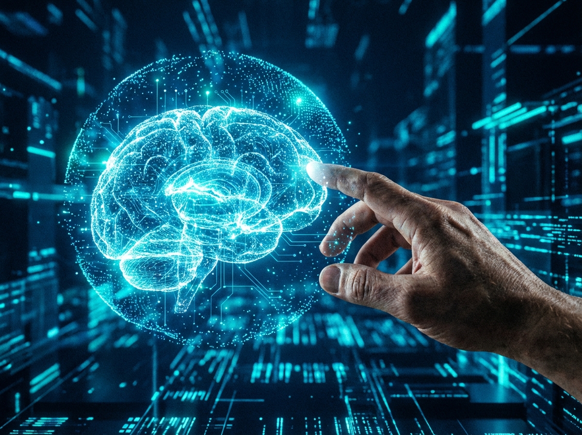 A symbolic 4:3 image of a human hand reaching towards a glowing AI brain construct made of light particles. Futuristic aesthetic, dark blue and cyan colors, no text.