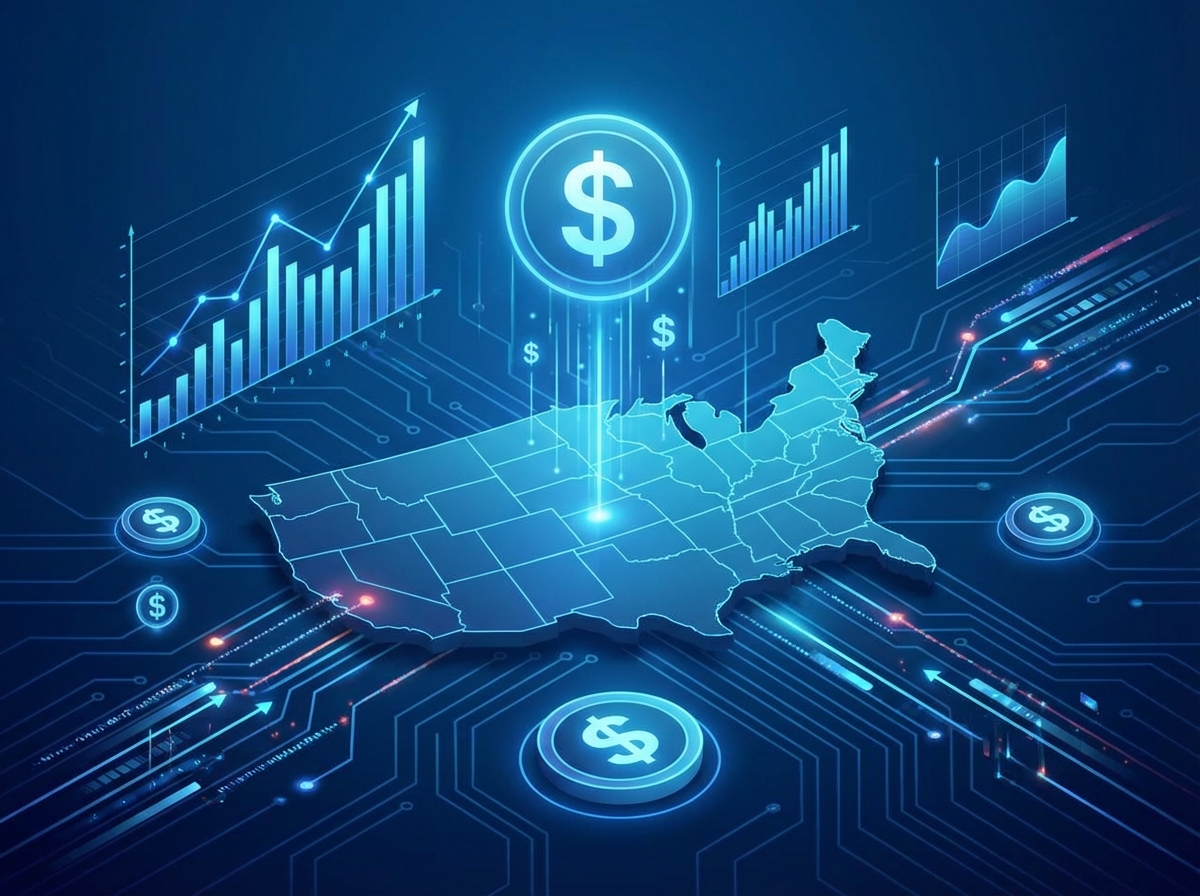 A modern and clean infographic style image showing global investment flow into the US AI startup market. Digital charts, dollar symbols, and futuristic network connections on a deep blue gradient background. Aspect ratio 4:3, no visible text.