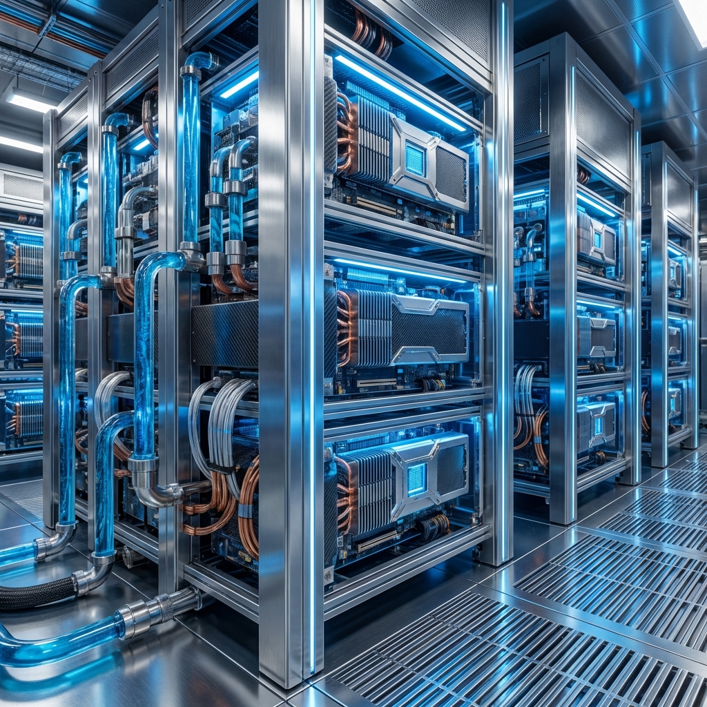 A detailed view of a futuristic server room with glowing blue lights and high-performance AI processing units. Metallic textures and advanced cooling systems visible. Aspect ratio 1:1, no visible text.