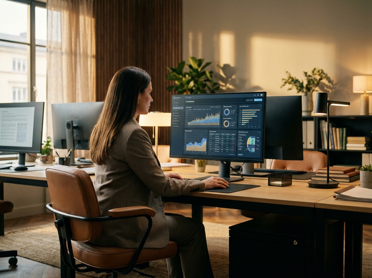 A professional office environment where a legal expert uses an AI dashboard for case analysis. Warm lighting, realistic textures, modern workspace setting. Aspect ratio 4:3, no visible text.