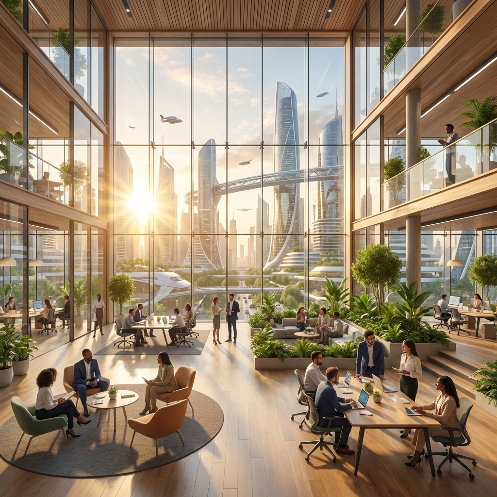 A wide view of a modern tech hub office with a large glass window overlooking a futuristic city skyline. Bright morning sun, professional and hopeful atmosphere. Aspect ratio 1:1, no visible text.