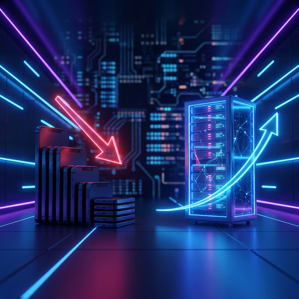 A conceptual 3D illustration of several generic smartphone slabs stacked, with a red downward arrow indicating market decline, next to a glowing server rack representing AI growth. Dark background with blue neon lights, 1:1 aspect ratio, no text.