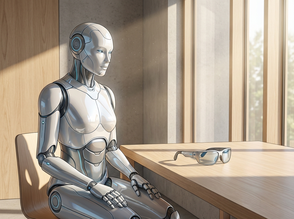 A futuristic illustration of a sleek humanoid robot and a pair of high-tech smart glasses sitting on a clean wooden table. Sunlight streaming through a window, minimalist aesthetic, 4:3 aspect ratio, no text.