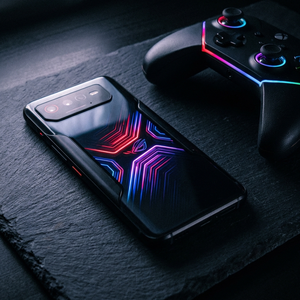 A close-up shot of a high-end gaming smartphone with glowing RGB lights on the back, lying next to a game controller. Dramatic lighting, dark textured surface, 1:1 aspect ratio, no text.