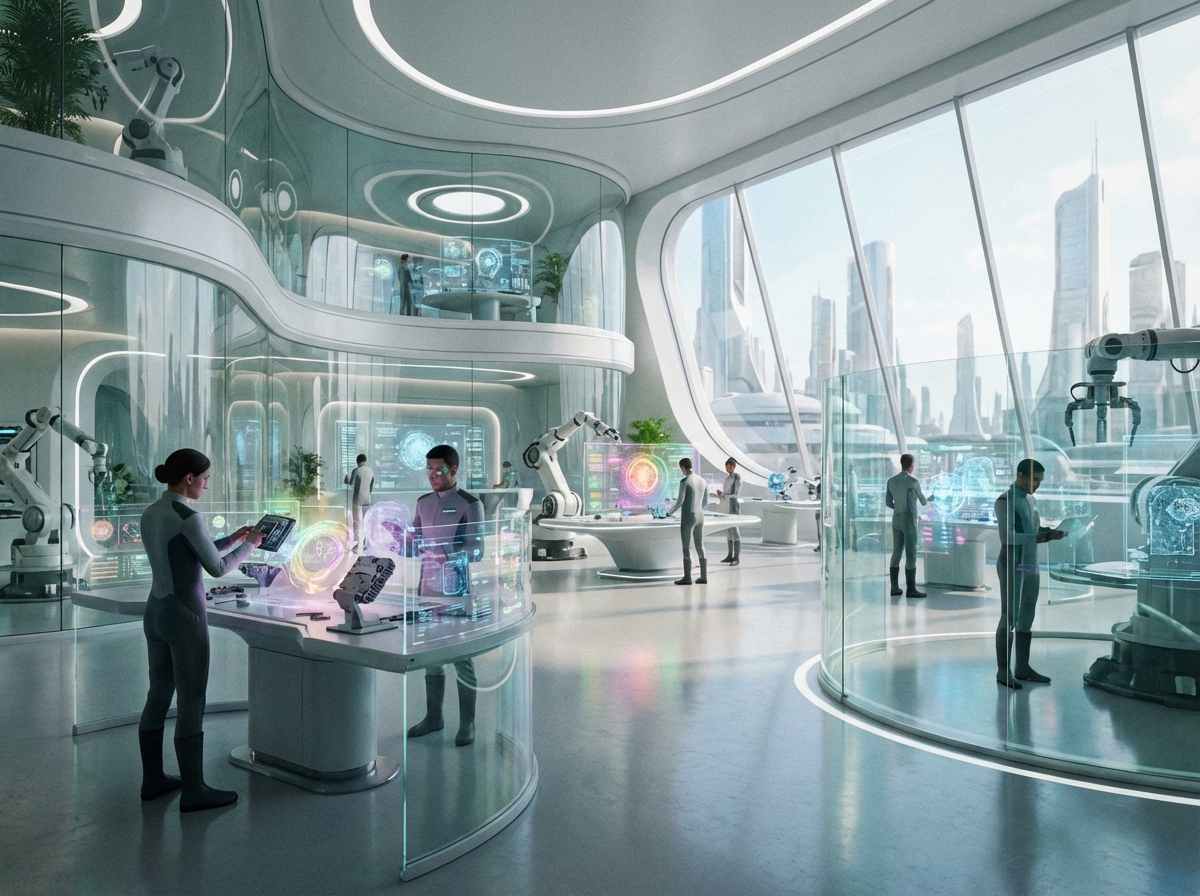 A wide-angle view of a futuristic tech laboratory where engineers are working on AI components. Soft glow from holographic displays, clean and bright environment, 4:3 aspect ratio, no text.