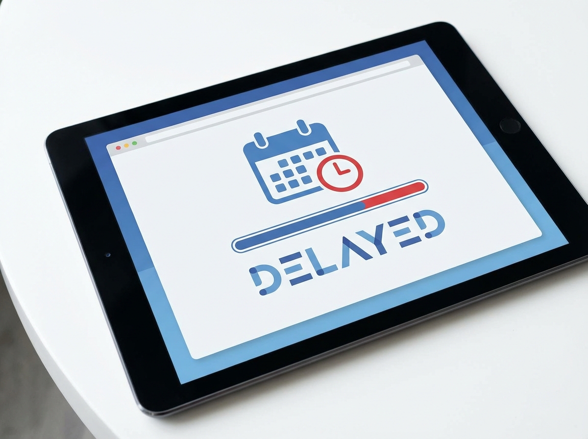 A clean and minimalist web interface on a tablet screen showing a product delivery estimate with a delayed calendar icon, modern UI design, blue and white color palette, 4:3 aspect ratio, no text.