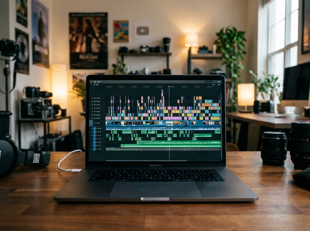 A professional video editing software interface displayed on a high-resolution laptop screen, colorful timeline, creative studio environment, soft ambient lighting, 4:3 aspect ratio, no text.