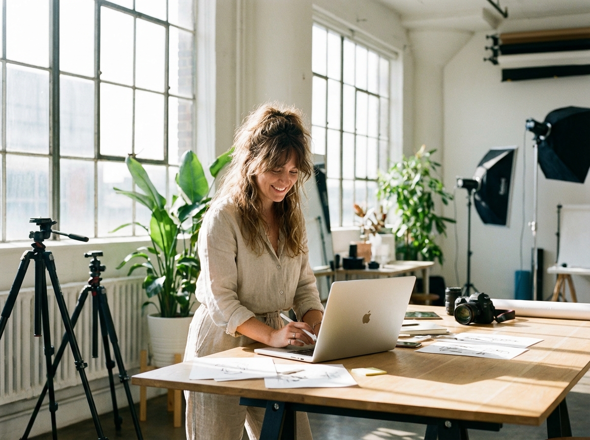A professional creative person working with a high-end laptop in a bright and airy modern studio, photography equipment in the background, natural sunlight, lifestyle photography, 4:3 aspect ratio, no text.