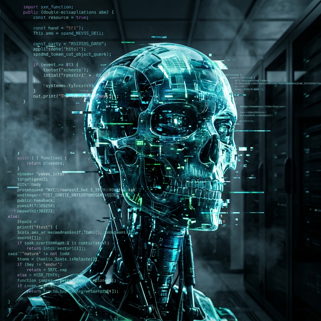 A glowing robotic head with digital glitch effects and chaotic data streams in a dark environment, cinematic lighting, high contrast, 1:1