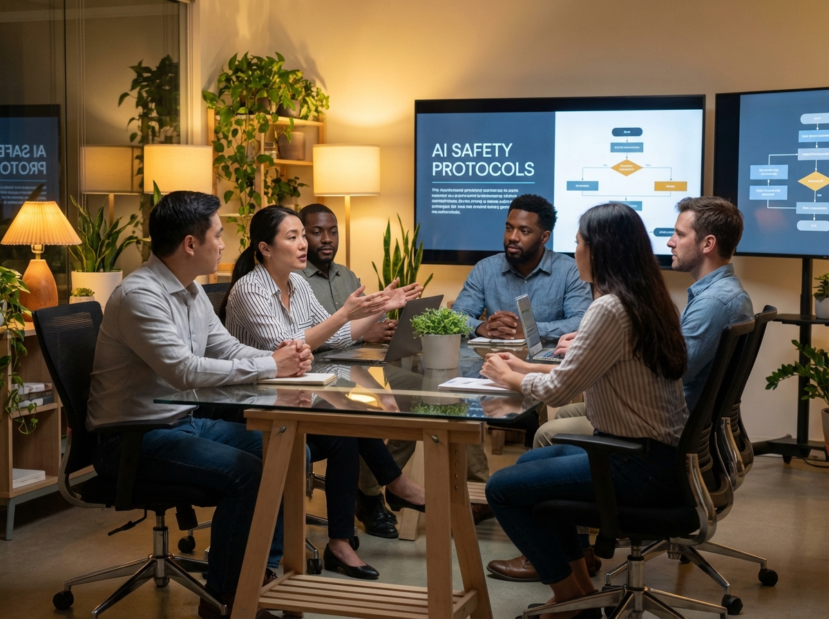 A group of professional tech experts of various ethnicities discussing AI safety in a modern high-tech office, warm lighting, natural lifestyle photography, 4:3