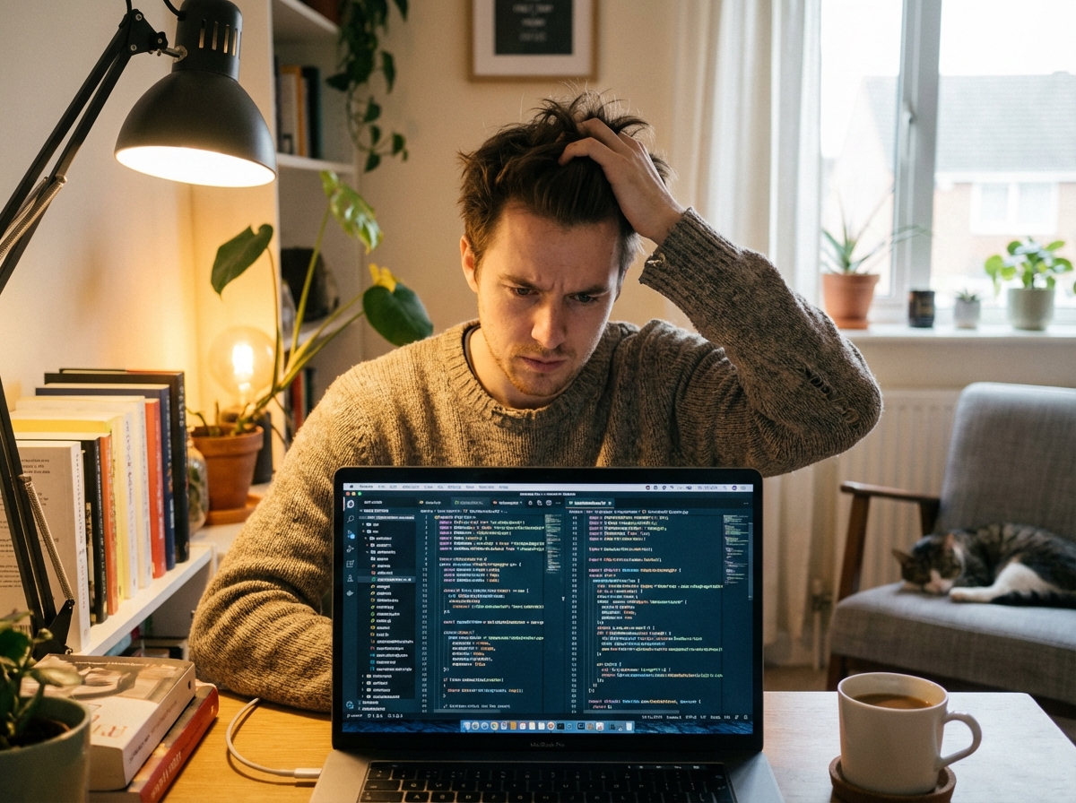 A realistic lifestyle photo of a developer looking slightly stressed but focused, staring at a laptop screen filled with code, cozy room with soft lamp light, morning atmosphere, 4:3
