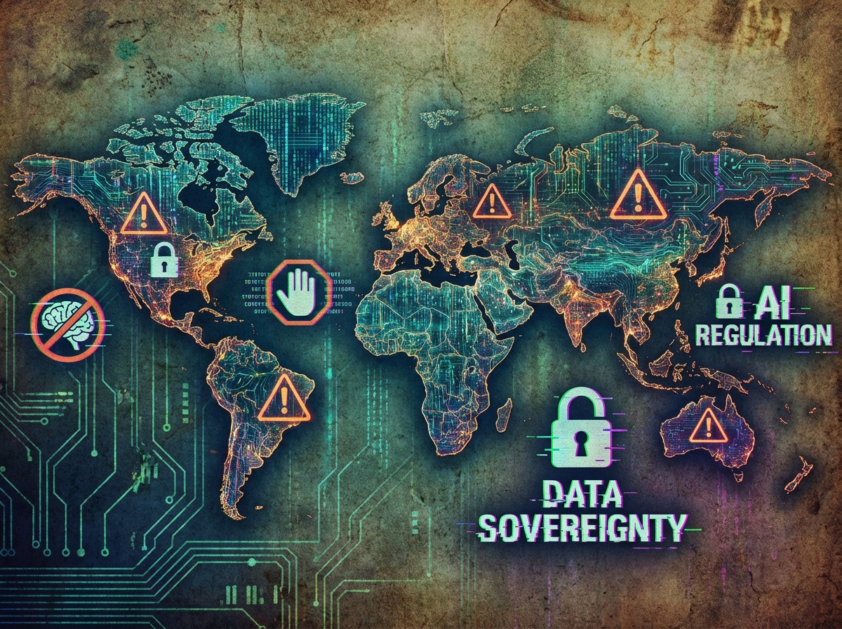 A stylized digital world map with glowing warning signs and padlocks indicating global AI regulations, textured background, artistic rendering, 4:3