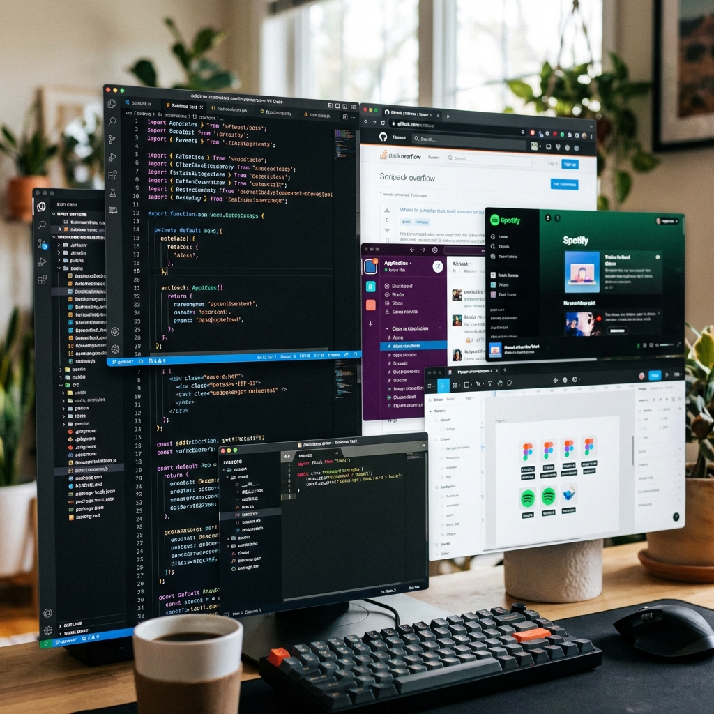 A busy digital workspace showing multiple app windows and code editors open simultaneously, organized chaos, modern interface design, soft bokeh background, 1:1
