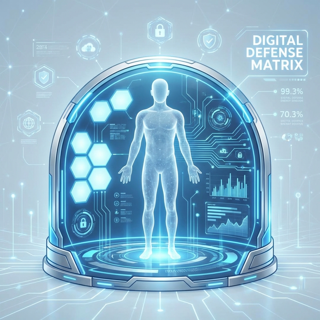 A high-tech digital shield protecting a transparent human silhouette, blue and silver color palette, clean infographic style, 1:1