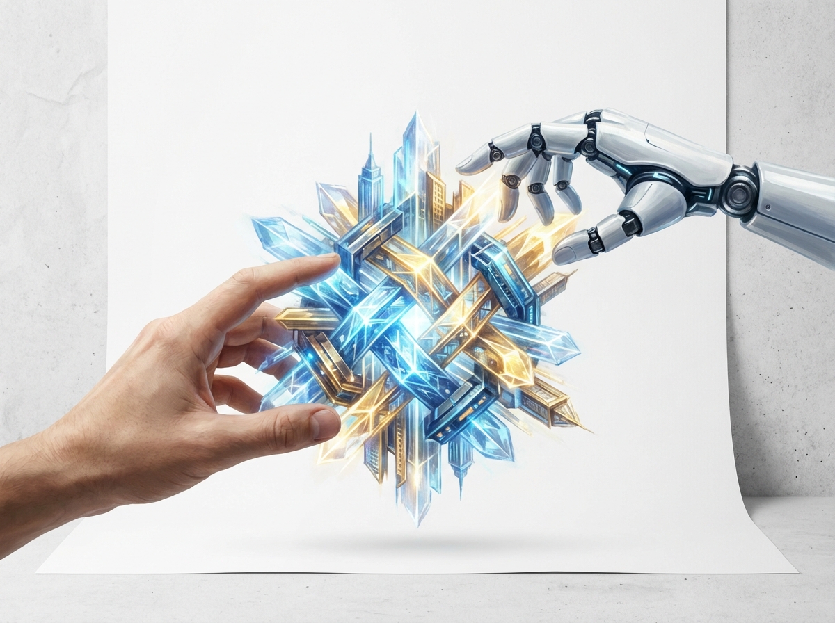 A human hand and a robotic hand coming together to build a complex glowing structure, symbolic of cooperation, clean white background with subtle textures, artistic rendering, 4:3