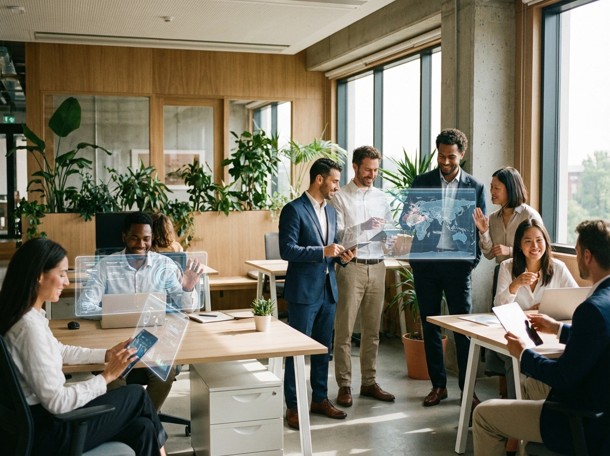 A modern, bright office space where people are naturally interacting with subtle holographic AI interfaces and tablets. The atmosphere is professional yet warm with indoor plants and natural sunlight. High quality lifestyle photography, 4:3