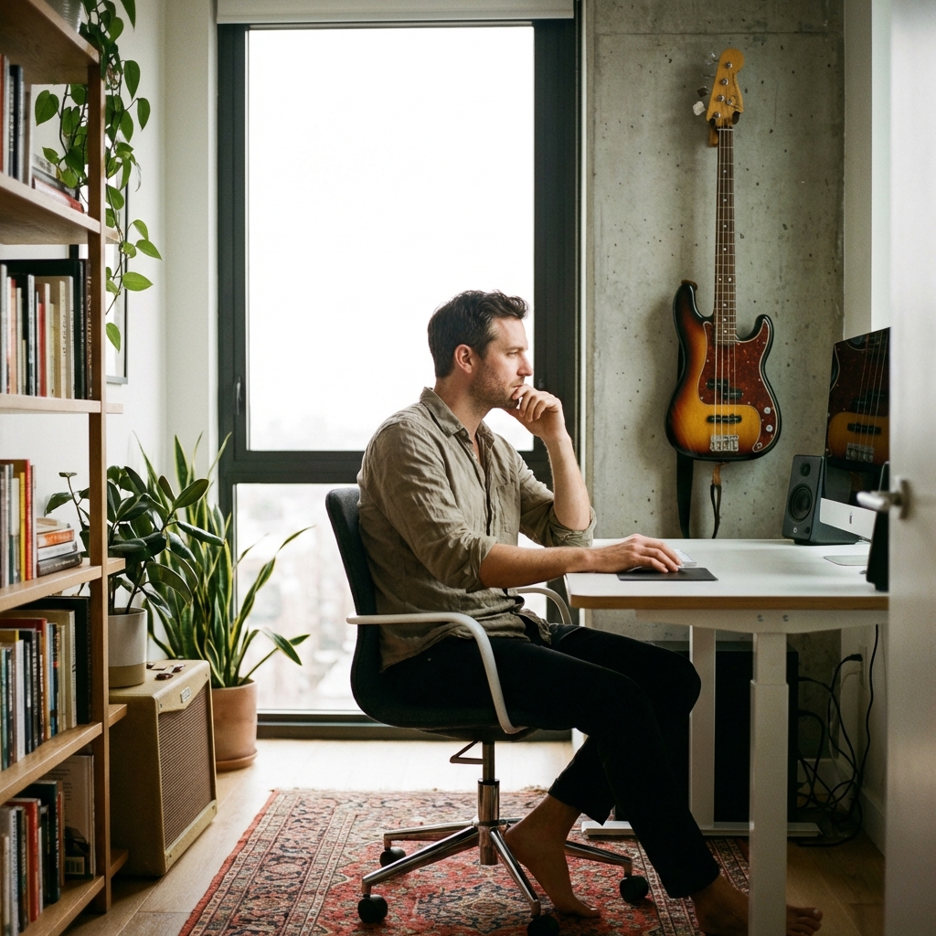 A thoughtful man in his late 30s sitting in a modern home office, a bass guitar hanging on the wall behind him, soft natural lighting from a window, professional photography style, 1:1