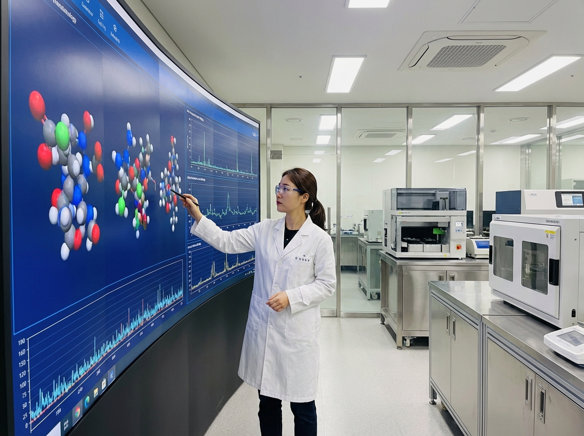 A Korean female scientist in a high-tech laboratory looking at a large screen displaying complex molecular structures and data visualizations. The lighting is clean and professional. Realistic laboratory setting, 4:3