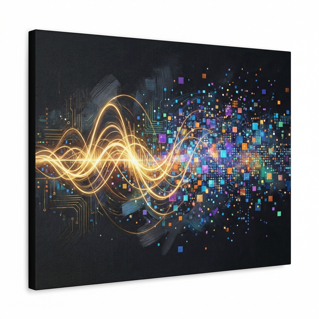Abstract representation of golden sound waves transforming into vibrant digital particles and colorful pixels, dark textured background, artistic rendering, high detail, 1:1