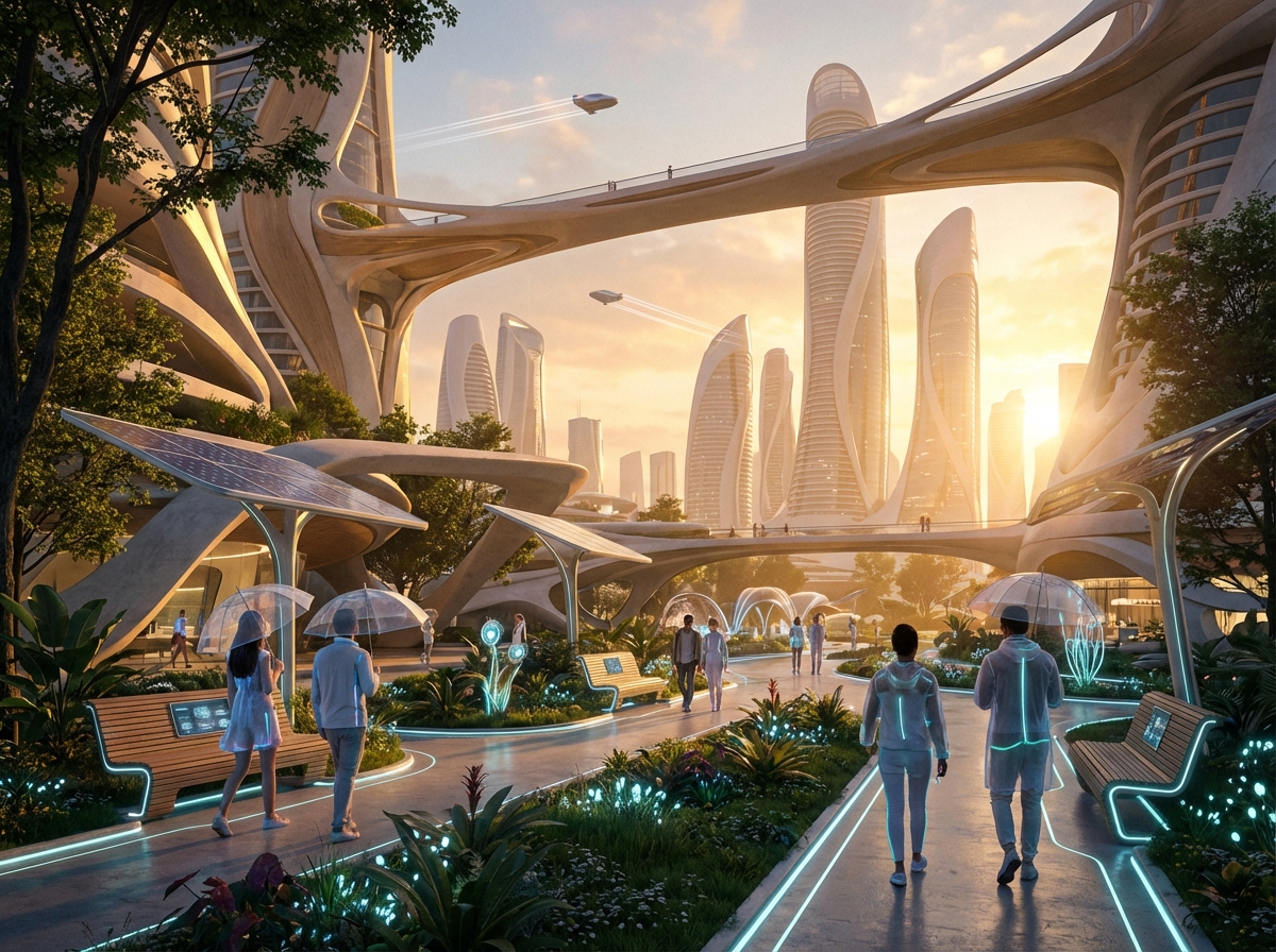 A futuristic city view with warm evening lighting. People walking in a park-like setting with subtle technology integrated into the environment. Soft glow and detailed composition, high resolution, 4:3
