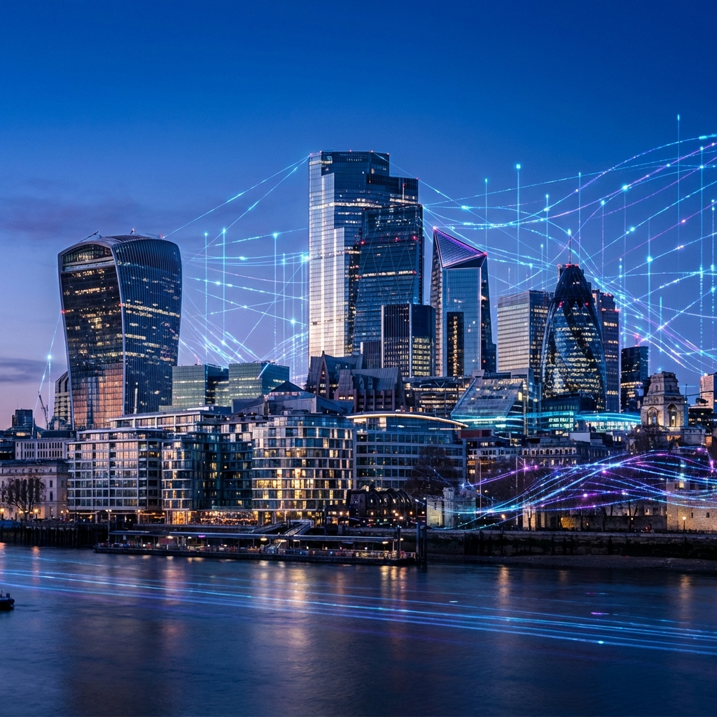 A futuristic cityscape of London financial district with a glowing digital grid representing AI connectivity and data flow over the buildings at dusk, high contrast, cinematic lighting, 1:1, no text