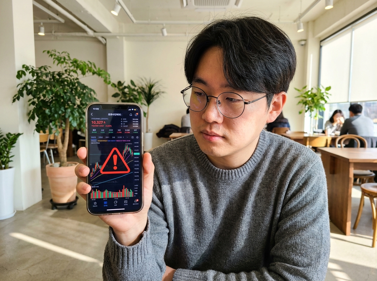 A close-up of a Korean person looking at a smartphone screen displaying complex financial charts and a red warning symbol in a modern cafe setting, natural lighting, lifestyle photography, 4:3, no text