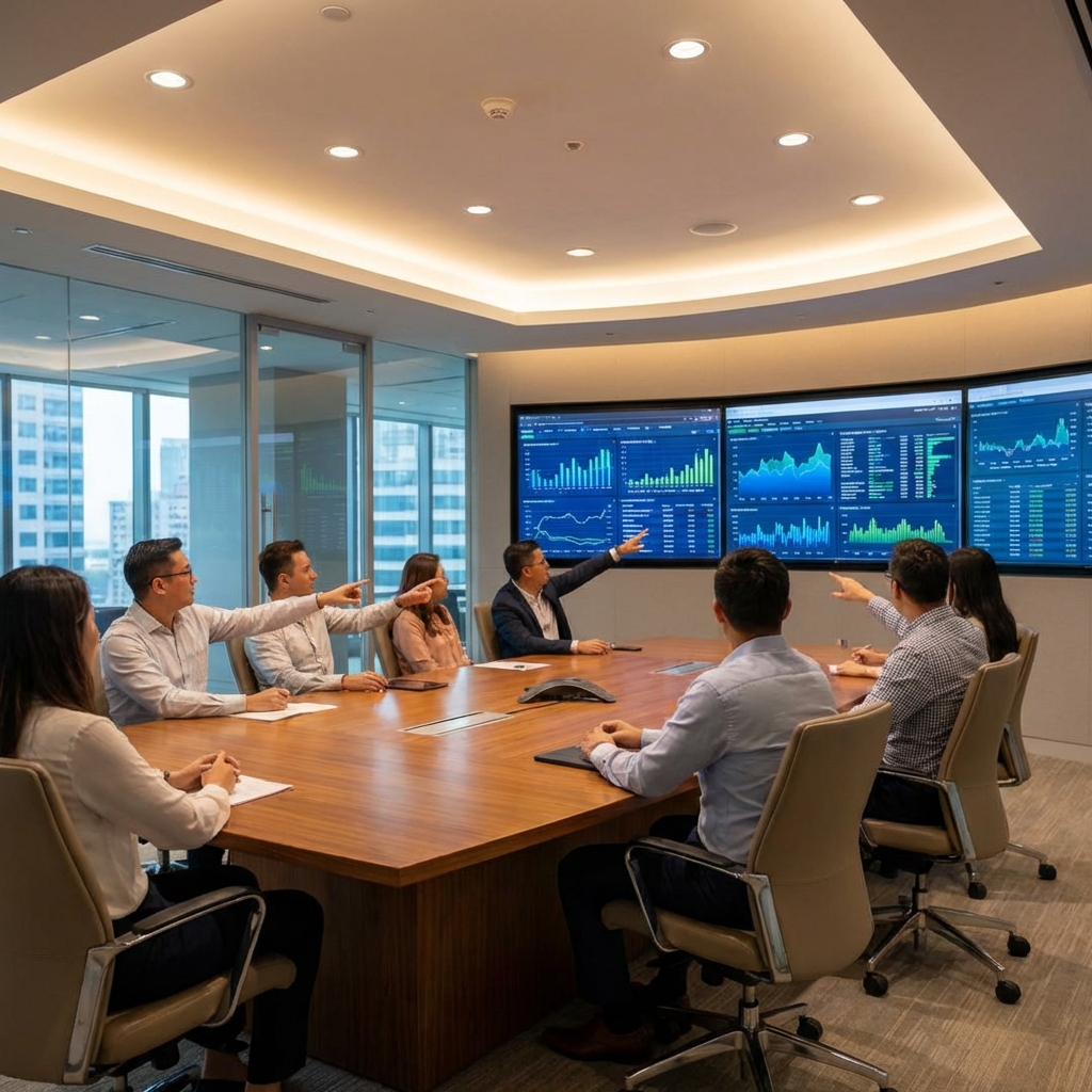 A professional meeting room in a modern office where financial experts are analyzing multiple digital screens showing market fluctuations and data patterns, soft indoor lighting, professional atmosphere, 1:1, no text