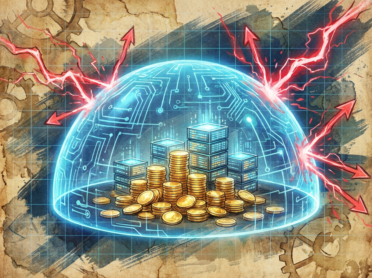A conceptual illustration of a digital shield glowing with blue light protecting a stack of gold coins and digital data blocks from red energy streams, textured background, artistic rendering, 4:3, no text