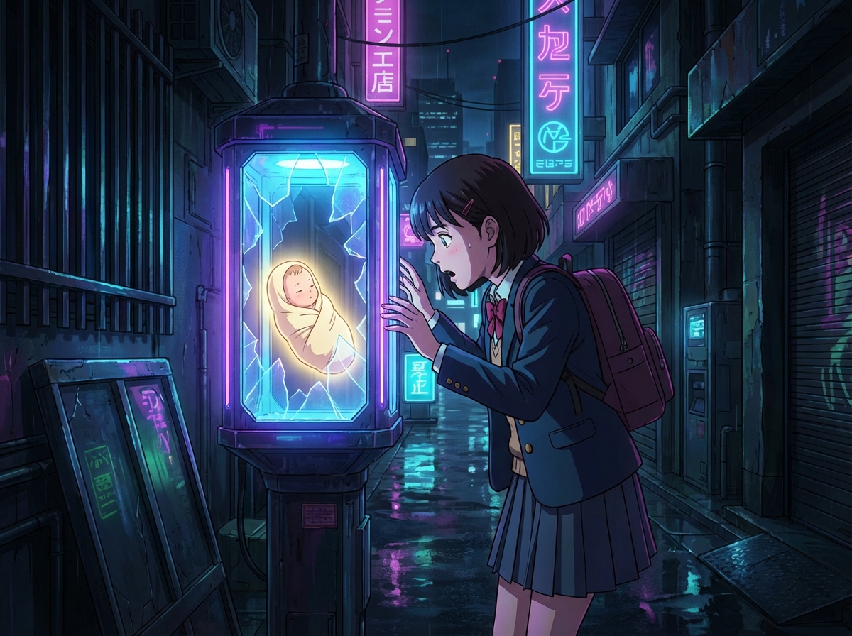 A cinematic anime scene where a 17 year old high school girl finds a glowing baby girl inside a futuristic neon street lamp in a dark alleyway. Vibrant colors, cyberpunk aesthetic, high detail, 4:3