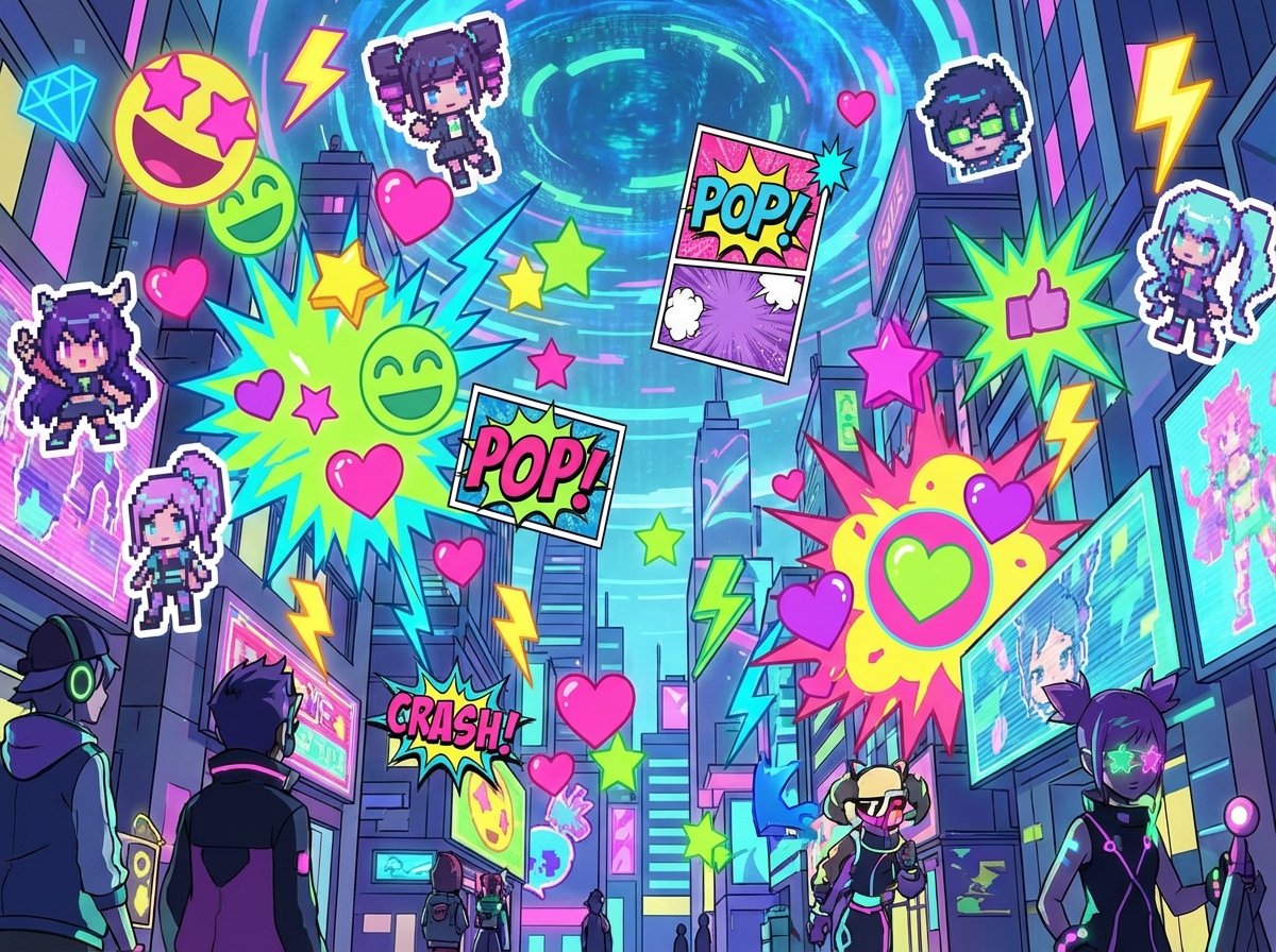 A hyperactive anime world filled with exploding colorful emojis digital stickers and pop art elements floating in the air. High energy, vibrant neon colors, cluttered but artistic composition, 4:3