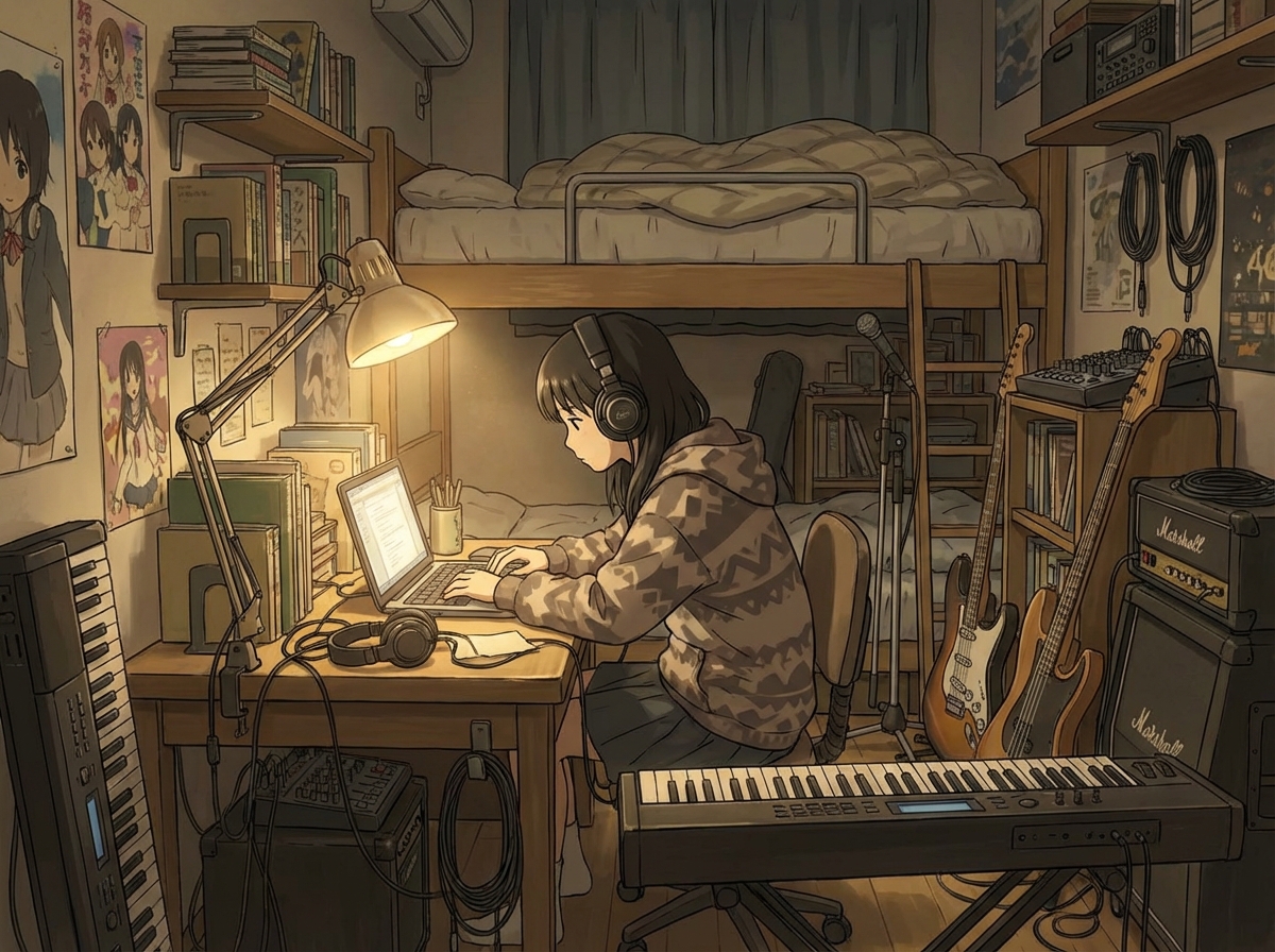 A focused high school girl with headphones sitting in a cramped modern studio apartment surrounded by music equipment and a laptop. Warm desk lamp lighting, cozy but cluttered atmosphere, anime style, 4:3