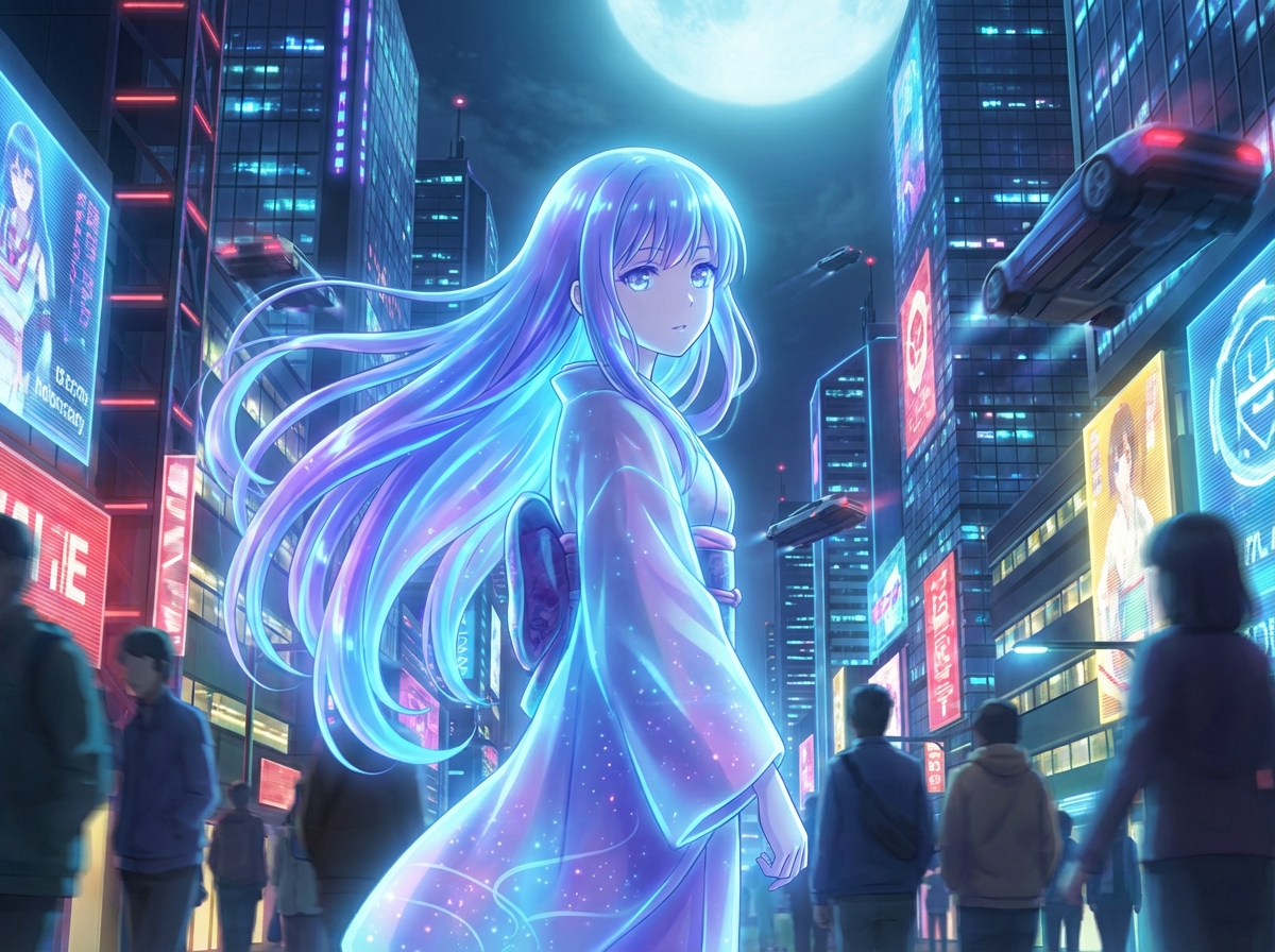 A beautiful ethereal anime girl with long glowing hair standing in the middle of a busy futuristic city street at night. Soft moonlight glow around her, contrast between traditional beauty and modern city, 4:3