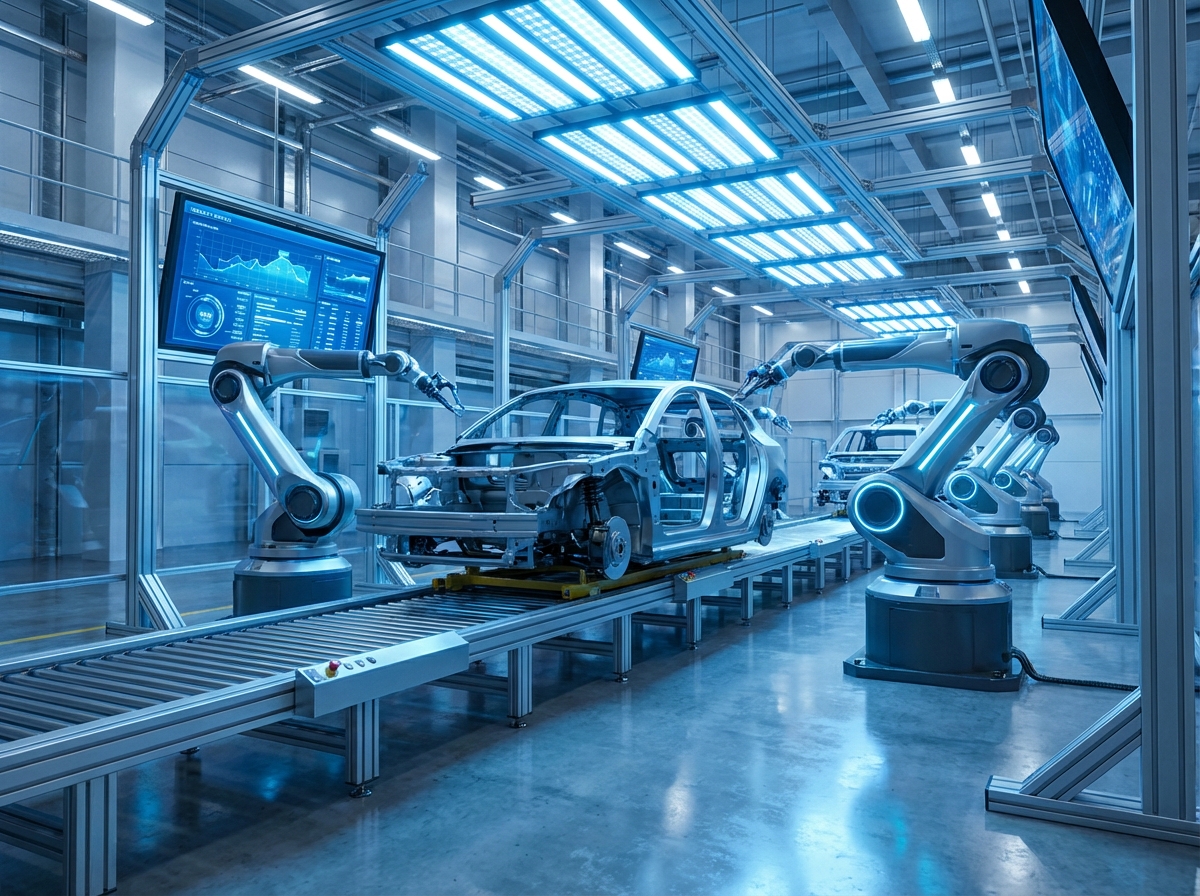 A clean and modern electric vehicle assembly line with robotic arms working on a car chassis, high-tech industrial setting, bright lighting, cool blue tones, high contrast. 4:3