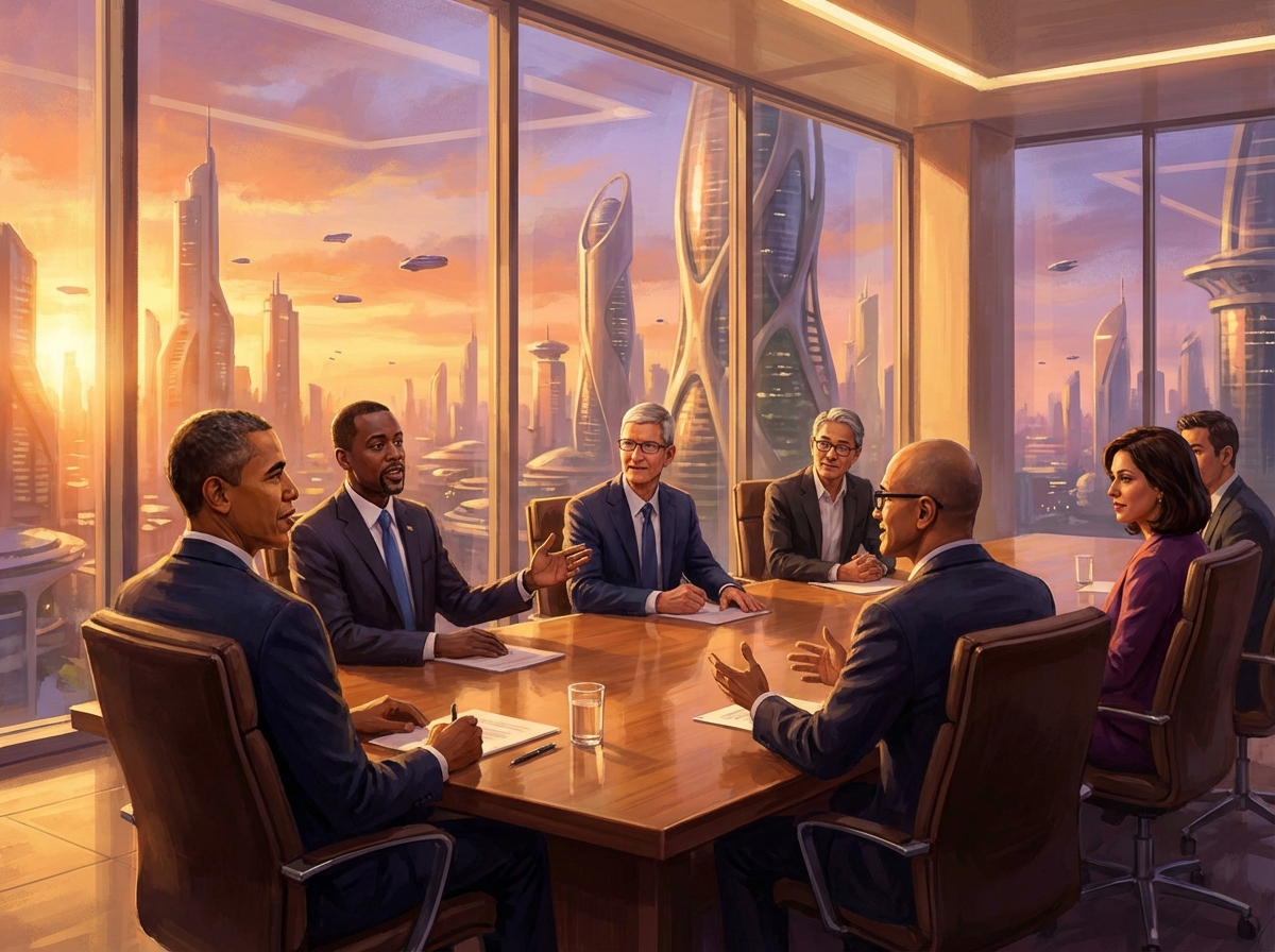 Digital illustration of a high-level meeting between a political leader and tech CEOs in a modern boardroom with large windows overlooking a futuristic city skyline, warm sunset lighting, cinematic composition, 4:3