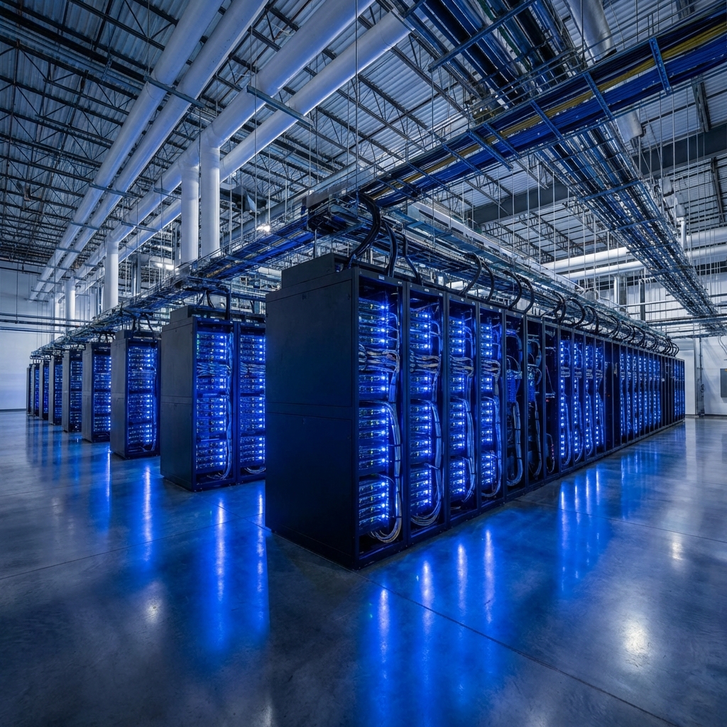Interior of a massive modern data center with glowing blue lights and rows of server racks, futuristic and high-tech atmosphere, wide angle shot, 1:1