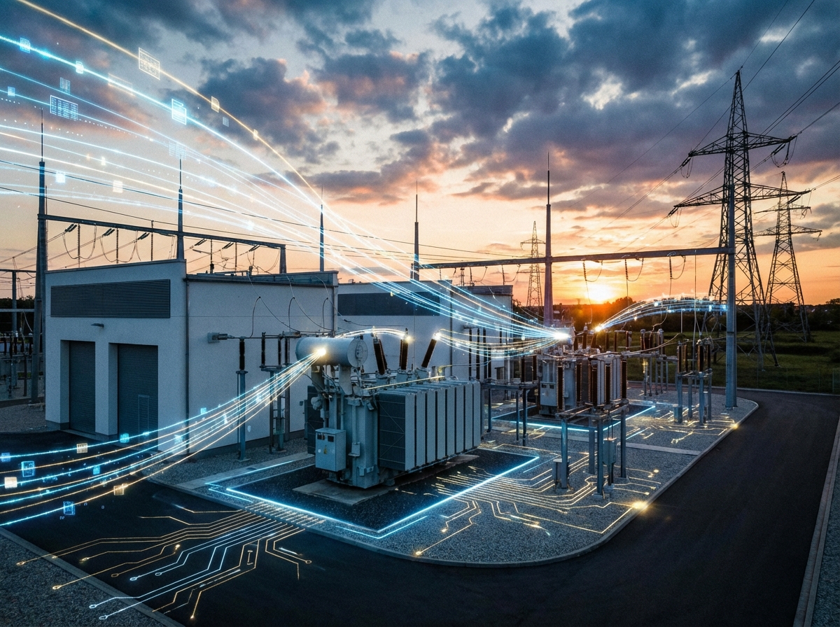 Professional photography of a modern electrical substation and power lines integrated with a digital network overlay, high contrast, clean layout, 4:3