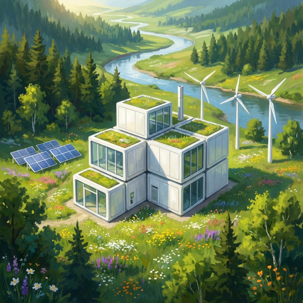 Artistic rendering of a small modular nuclear reactor in a lush landscape, clean white structure, sunny day, high resolution, 1:1